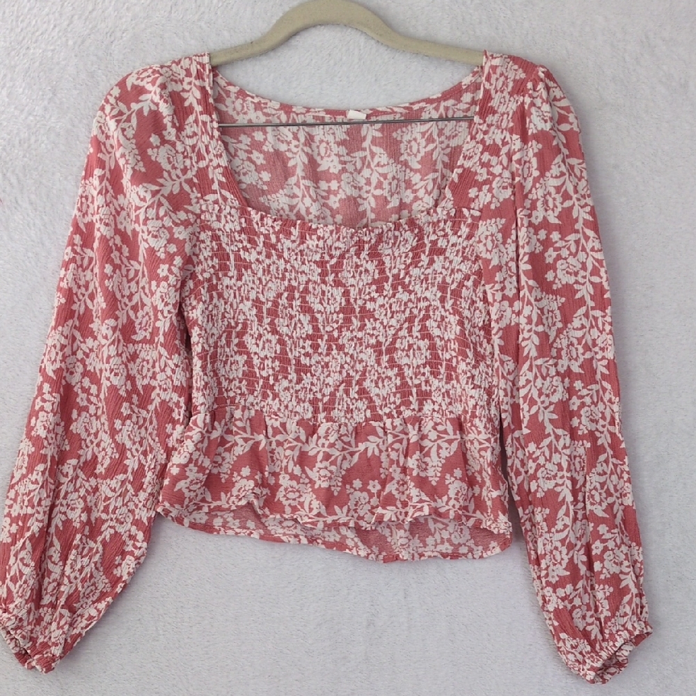 SHEIN Junior's Pink Smocked Square Neck Cropped Boho‎ Shirt Size M